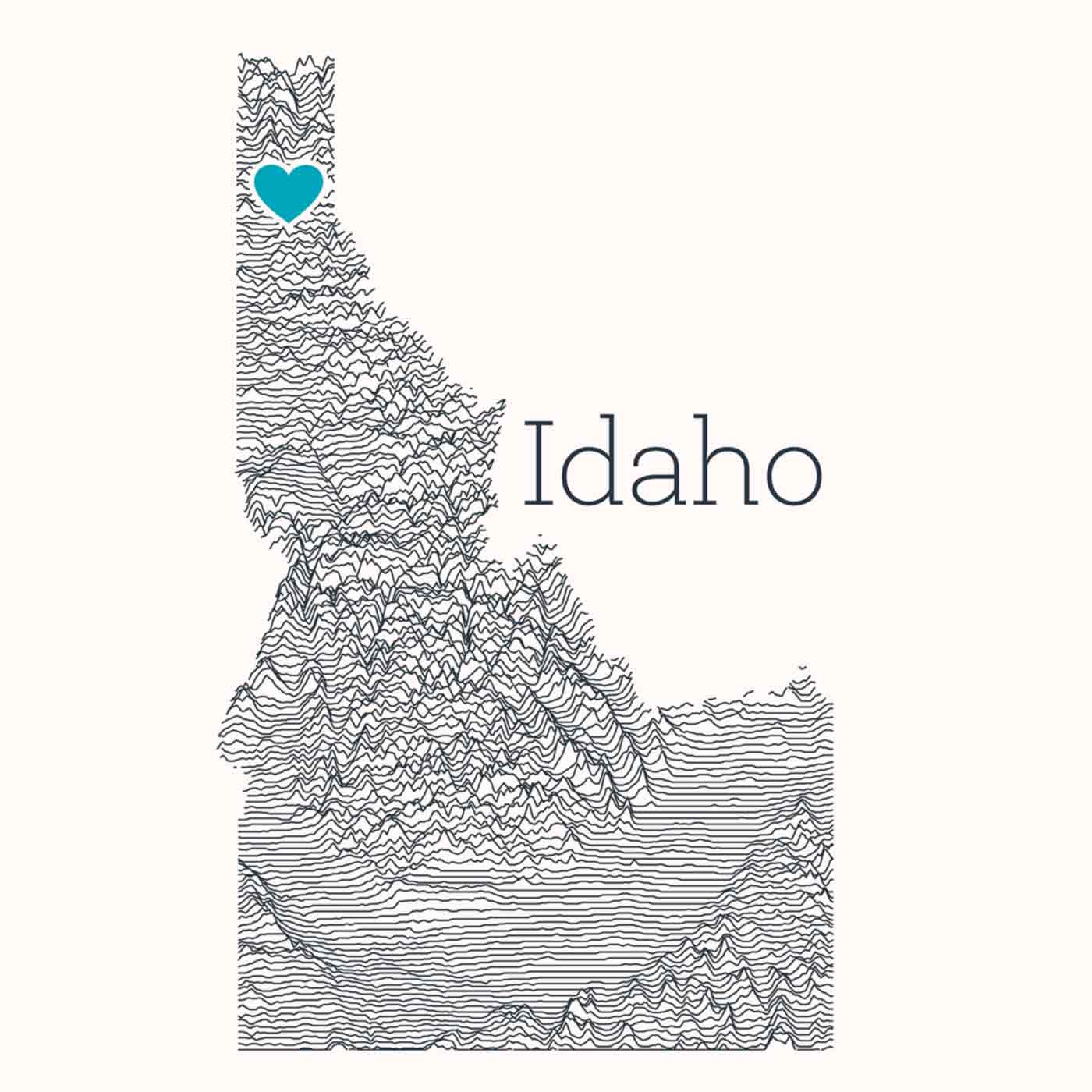topographical map of Idaho with a heart on the north end marking coeur d'alene