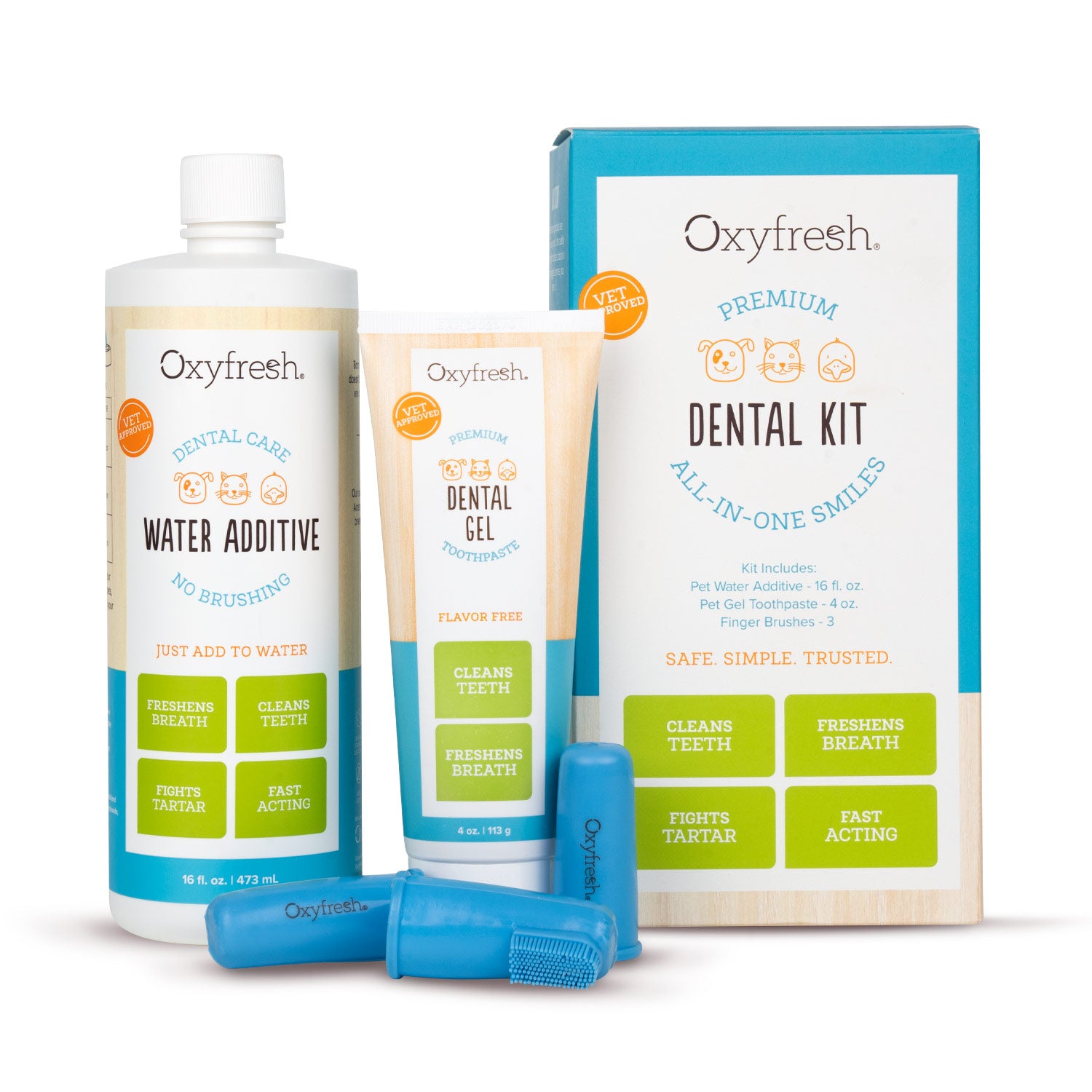 oxyfresh pet dental kit includes pet water additive pet toothpaste and three soft silicone finger brushes