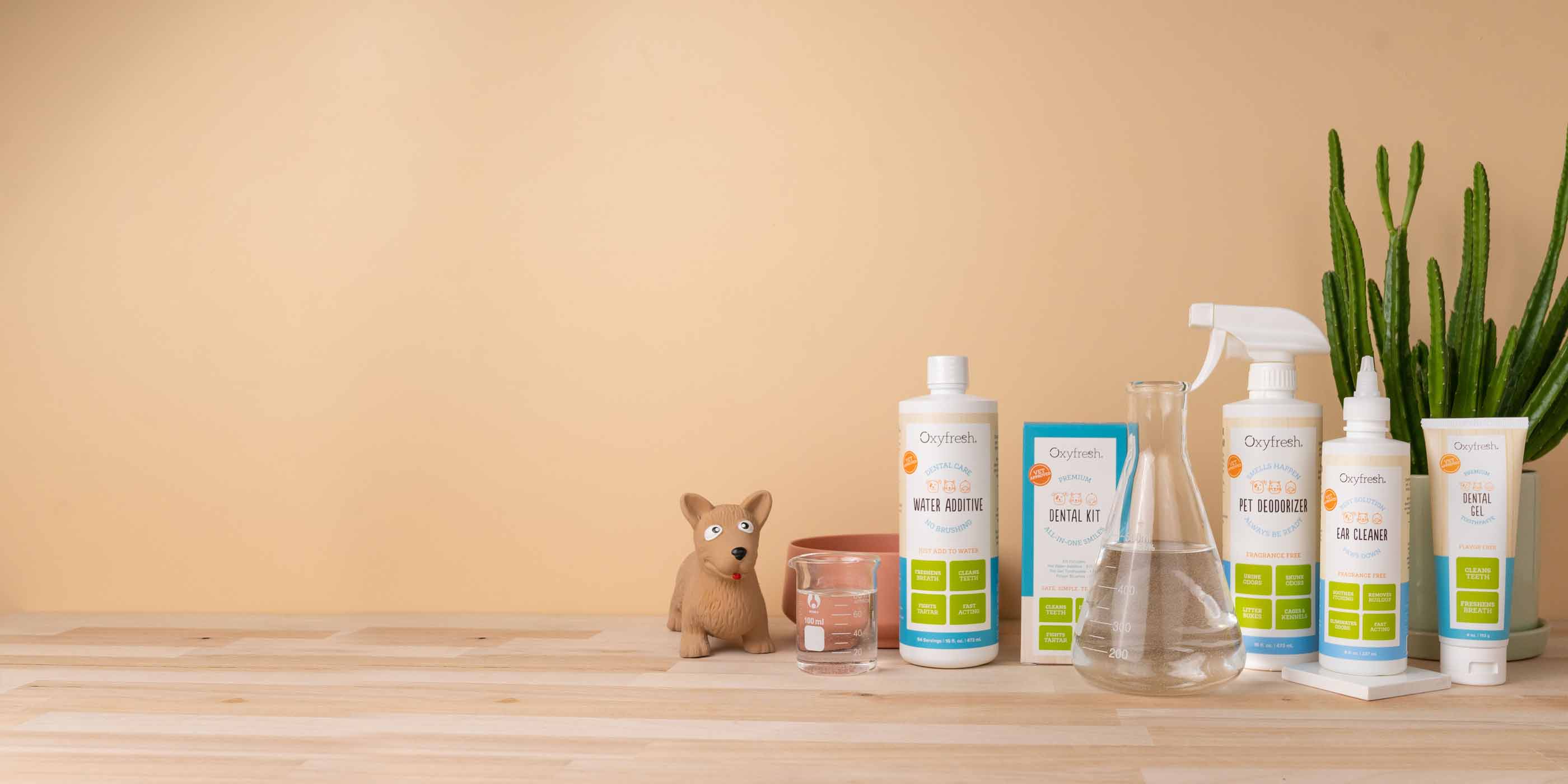 oxyfresh pet product lineup for fresh breath, coats, ears, and spaces