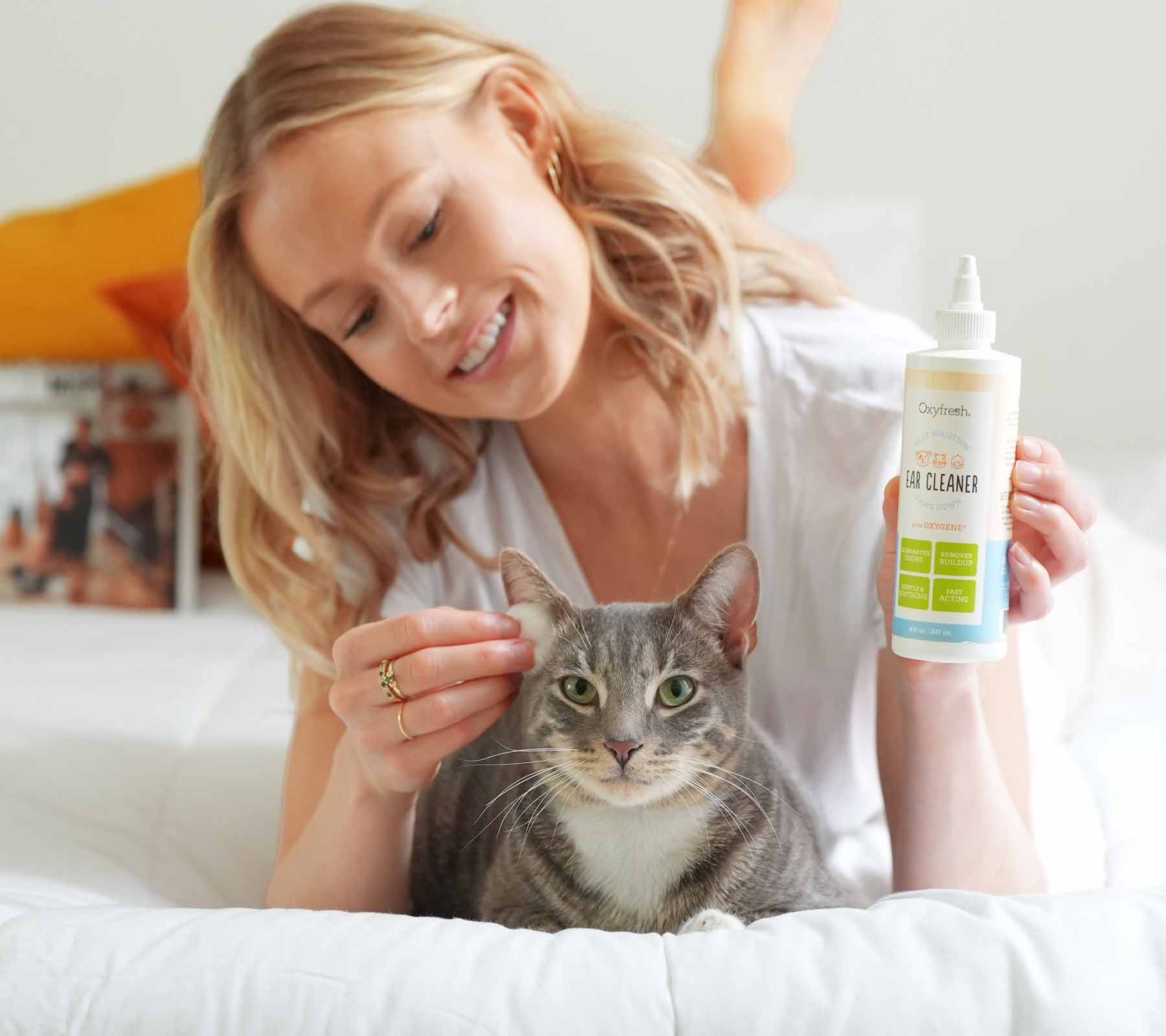 woman-smiling-cleaning-calm-cats-ears-with-oxyfresh-pet-ear-clenaer-and-a-cotton-ball