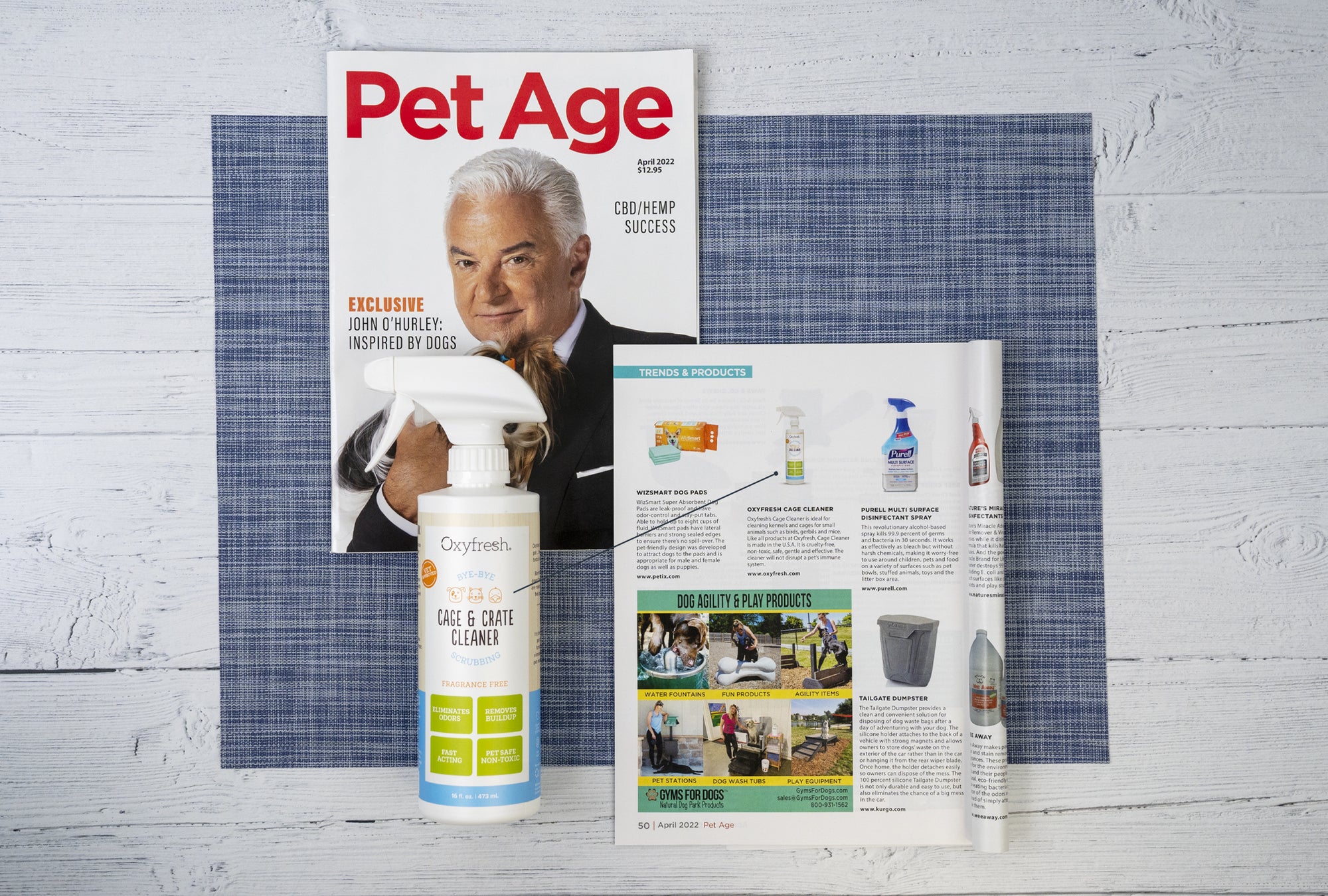 oxyfresh pet deodorizer next to article in Pet Age magazine