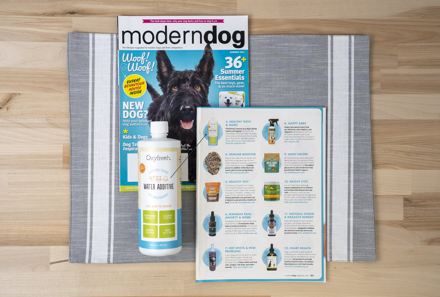 oxyfresh pet water additive next to article in Modern Dog magazine