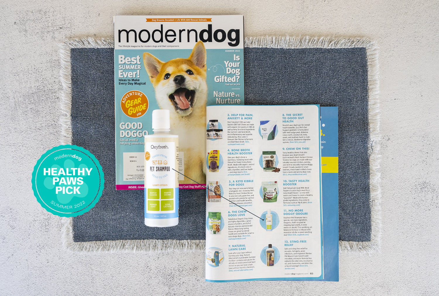 oxyfresh pet shampoo next to moderndog "Healthy Paws Pick" article