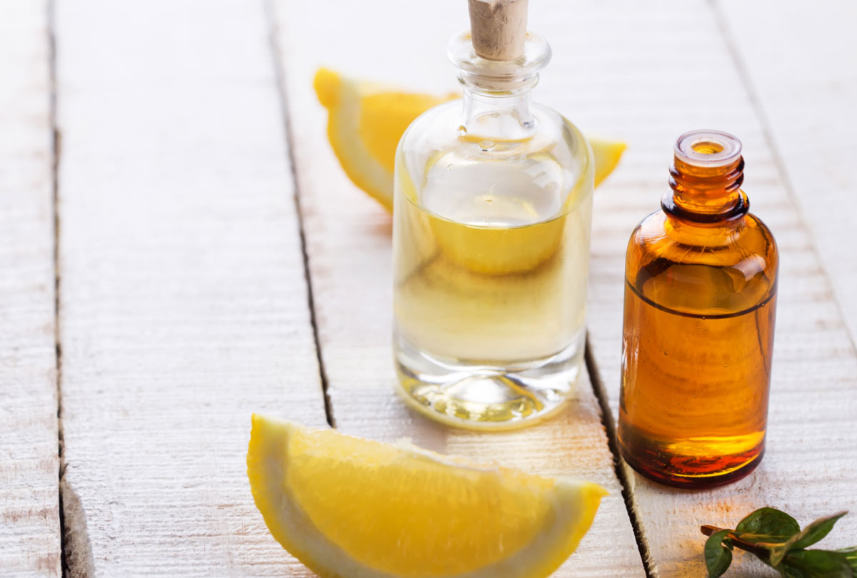 leaves of mint and slives of lemon next to bottles of essential oils with words "brushing with essential oils" can I brush with essential oils?