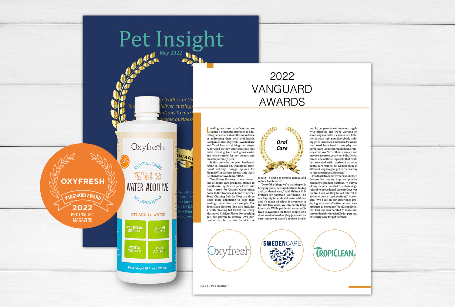 oxyfresh pet water additive next to vanguard award article