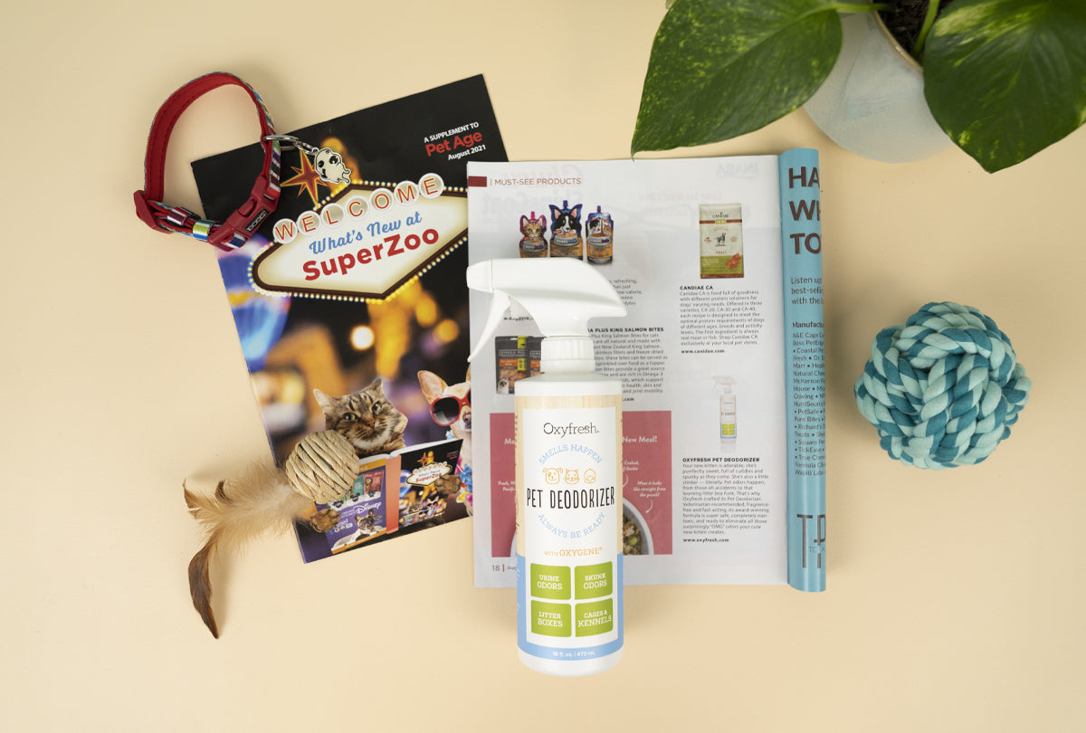 oxyfresh pet deodorizer next to article in What's New at SuperZoo Supplemental magazine to Pet Age Magazine