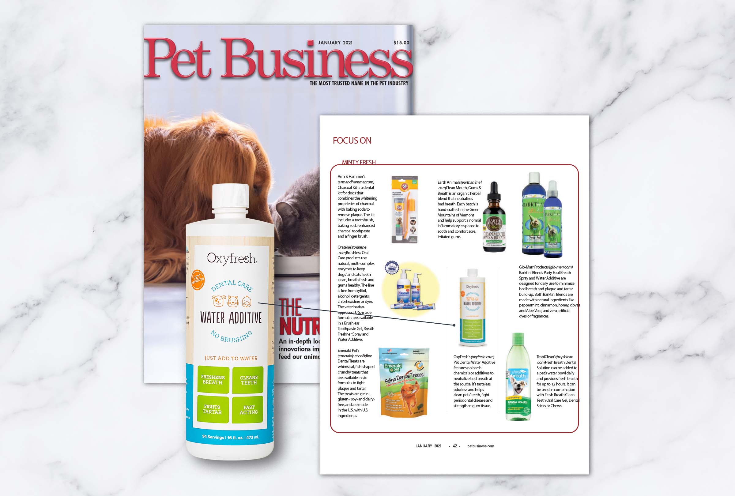 Oxyfresh Pet Dental Water Additive featured in January 2021 Issue of Pet Business