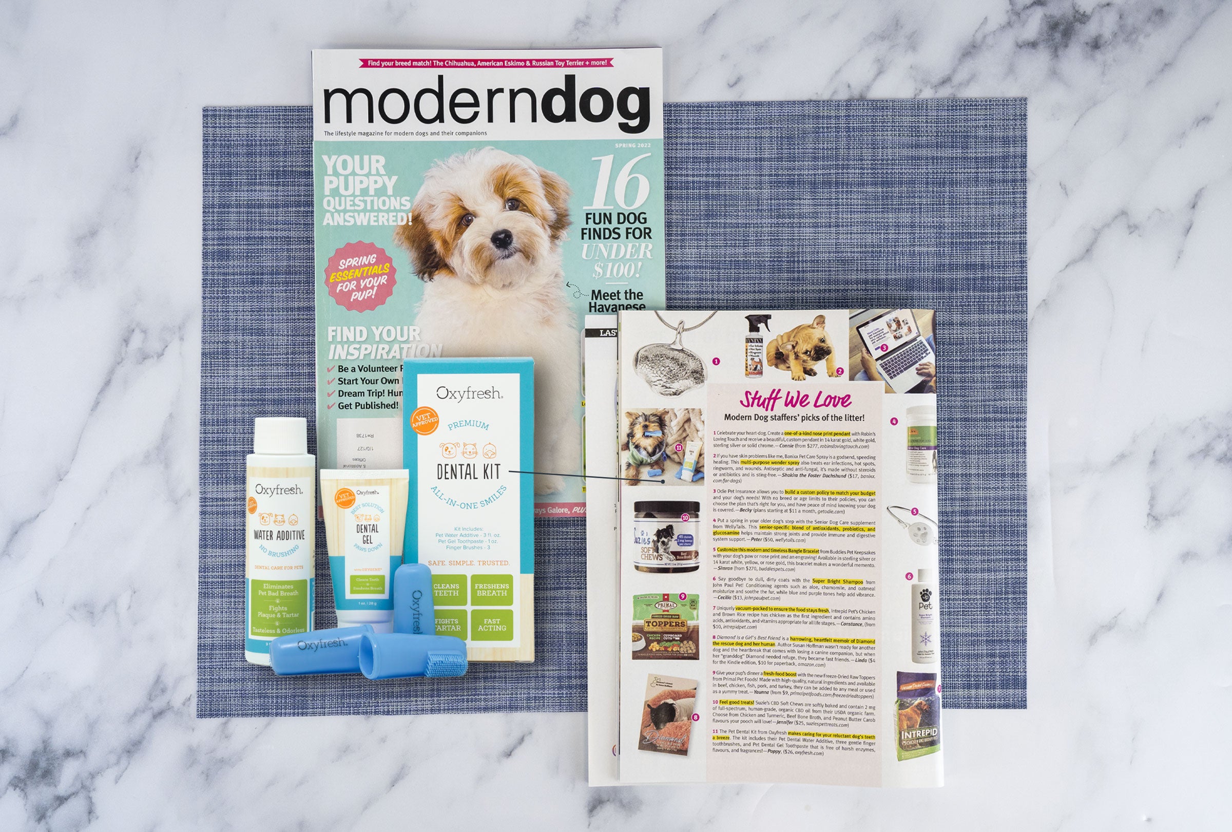 oxyfresh pet dental kit next to article in Modern Dog magazine