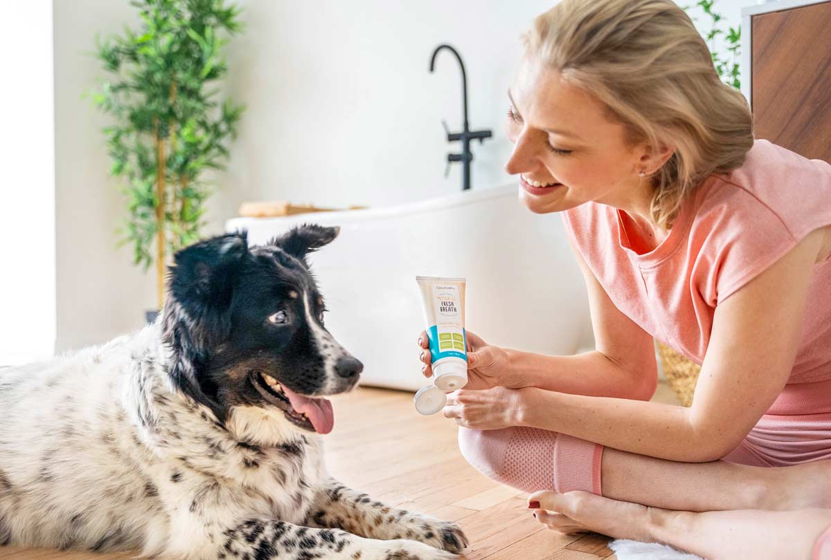 woman-holding-oxyfresh-pet-dental-gel-toothpaste-smiling-at-her-dog-who-is-looking-intently-at-the-bottle