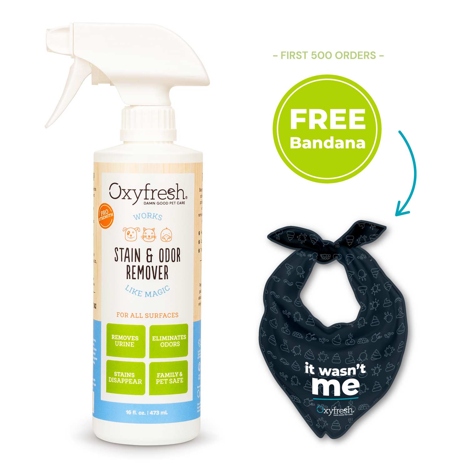 oxyfresh stain and odor remover works like magic to remove urine odors and stains get a free bandana for the first 500 orders