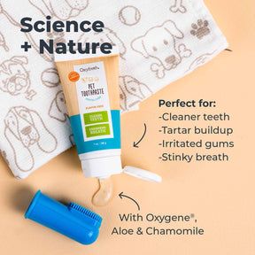 oxyfresh pet toothpaste the best of science and mother nature. It's perfect for cleaner teeth tartar buildup irritated gums and stinky breath. made with oxygene, aloe, and chamomile
