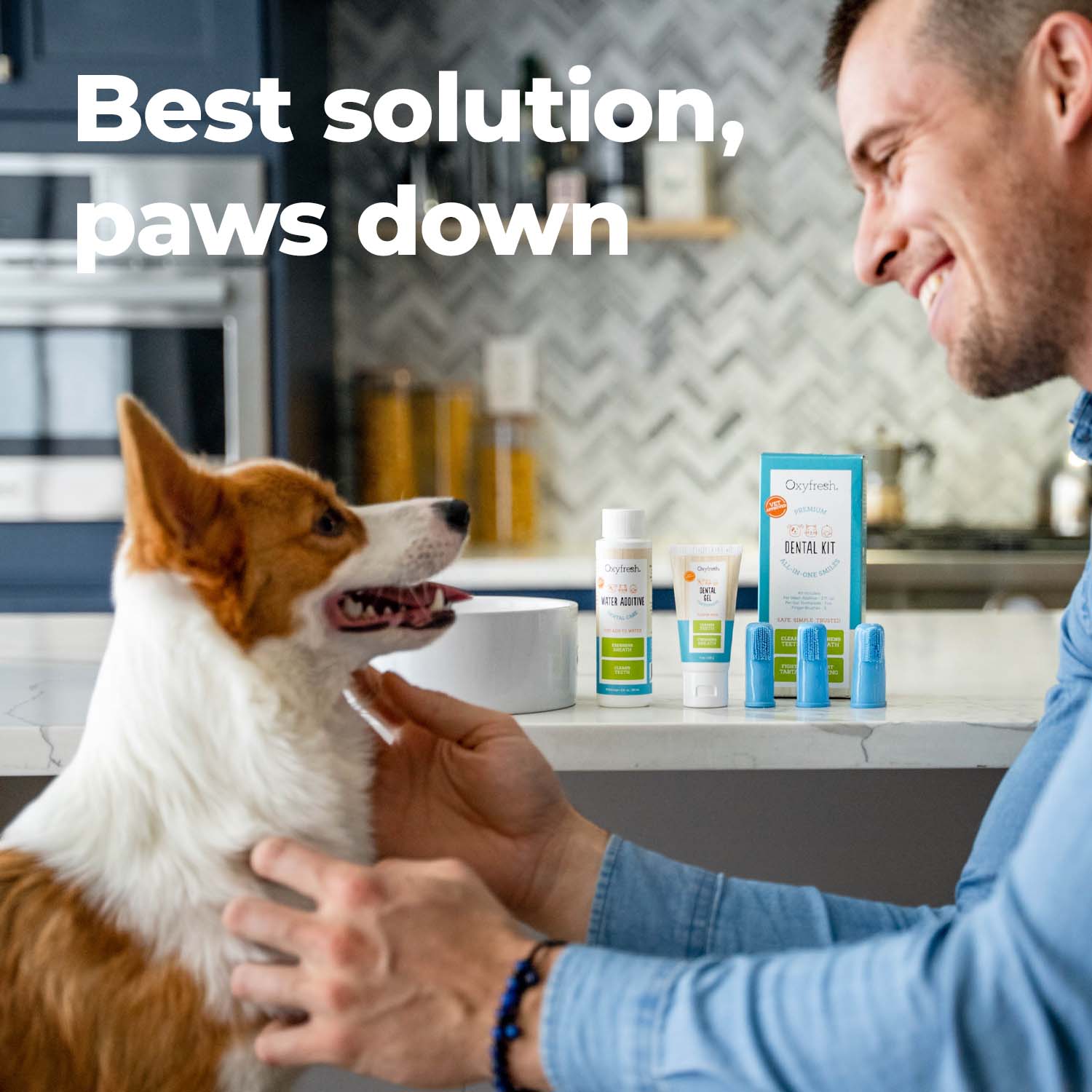 man smiling with his corgi in front of the oxyfresh pet dental kit which is the best solution, paws down