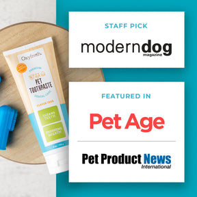 oxyfresh pet toothpaste with media mentions including modern dog, pet age, and pet product news international