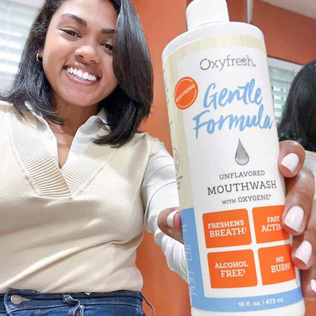 Social-Media-Post-From-Instagram-User-_megandonaw-smiling-holding-a-bottle-of-oxyfresh-gentle-formula-fluoride-free-mouthwash-for-bad-breath
