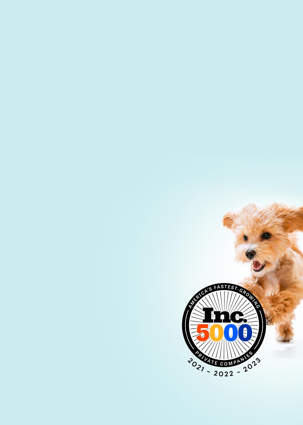 excited tan yorkie jumping forward with a blue background and an Inc.5000 america's fastest growing private companies logo dated 2021-2023