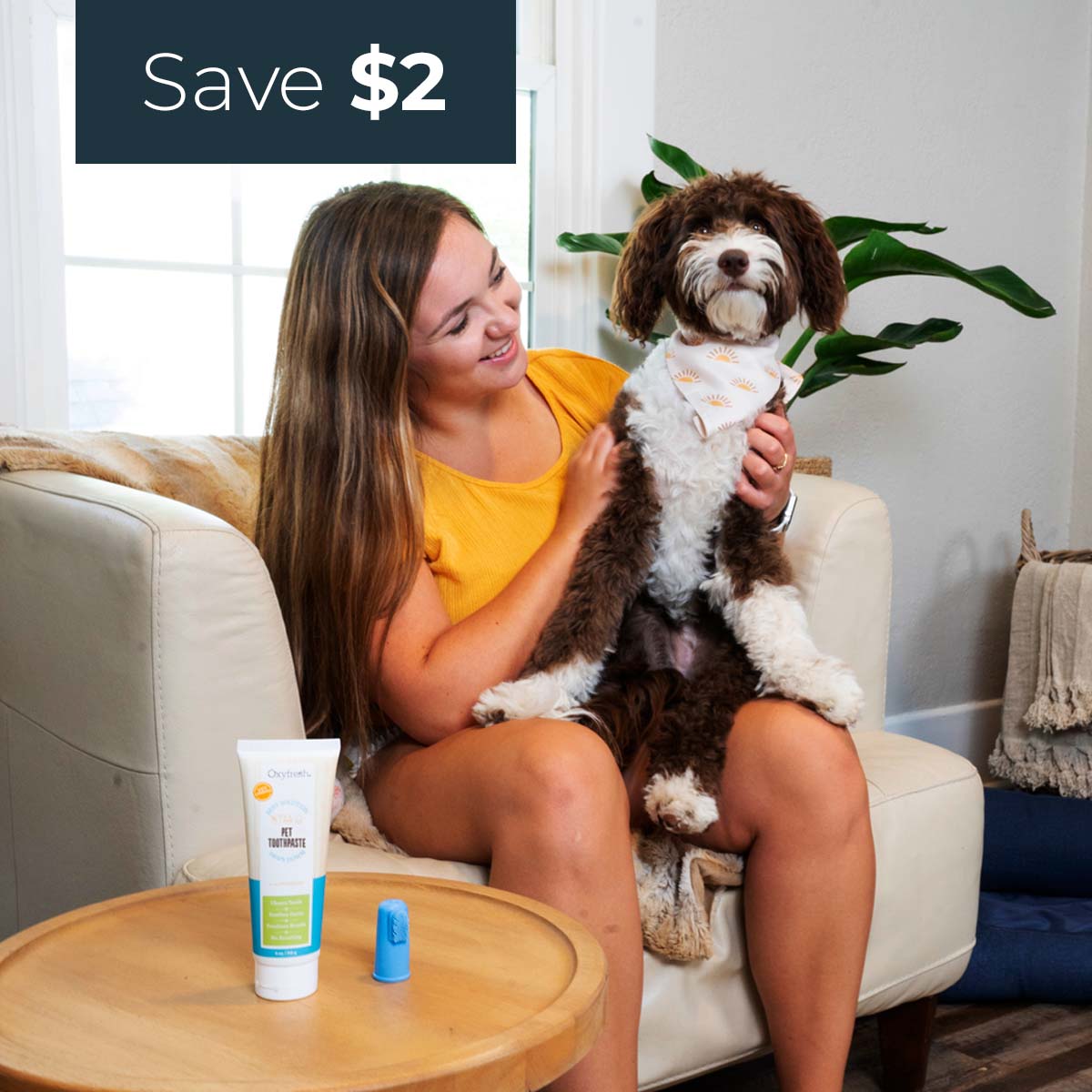 woman-holding-brown-and-white-dog-with-oxyfresh-the-best-pet-toothpaste-and-fingerbrush-in-a-light-modern-living-room