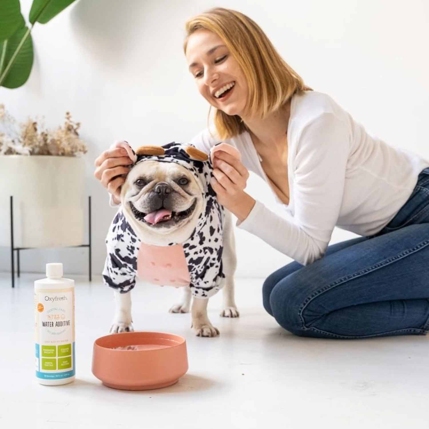 woman-playing-with-the-ears-of-her-dogs-cow-costume-as-the-pup-smiles-at-the-camera-with-a-bowl-of-water-and-oxyfresh-dental-water-additive-for-dogs-teeth-and-breath