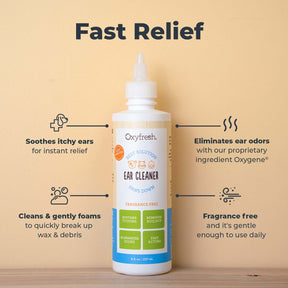 oxyfresh pet ear cleaner photo of bottle with words around that say fast relief soothese itchy ears cleans and gently foams eliminates ear odors fragrance free