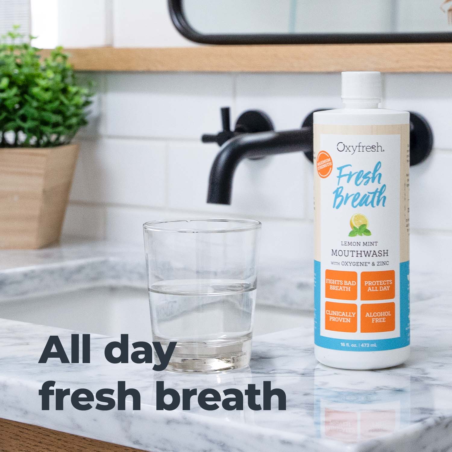 oxyfresh fresh breath lemon mint mouthwash provides all day fresh breath mouthwash and rinsing glass on a bathroom countertop