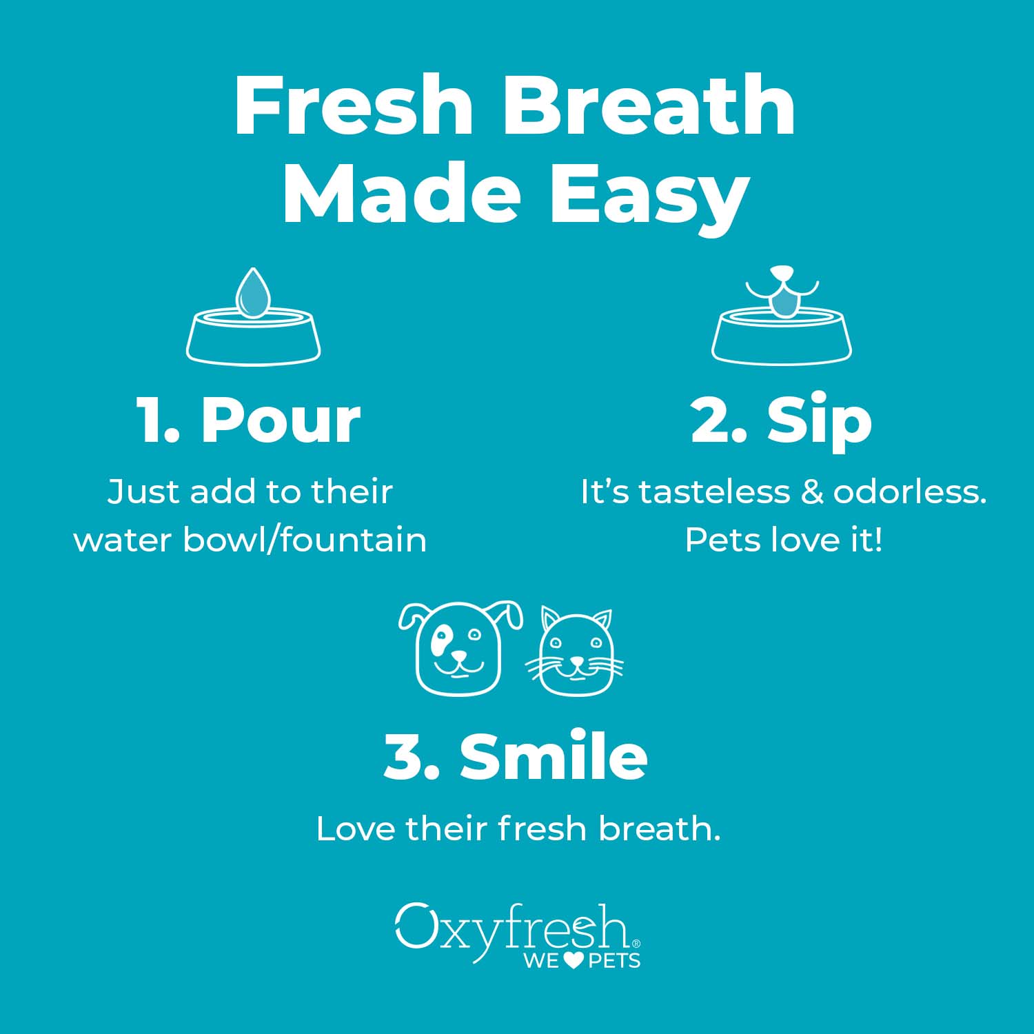oxyfresh pet water additive graphic that says fresh breath made easy 1. pour 2. pet sips 3. love their fresh breath