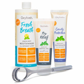 oxyfresh-Periodontal-Health-System-which-contains-lemon-mint-mouthwash-pro-relief-dental-gel-cavity-protection-fluoride-toothpaste-and-tongue-scraper