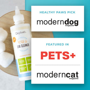 oxyfresh pet ear cleaner with the words healthy paws pick by modern dog magazine, and featured in pets+ and moderncat magazine